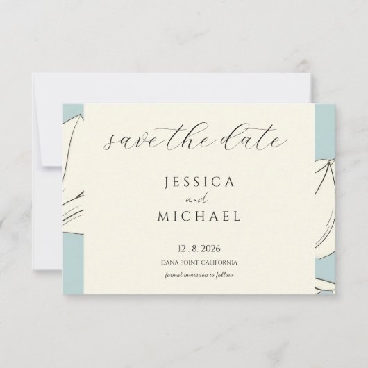 Blauwe Bloemige Minimalistische Platte Save The Da Date (Voorkant)