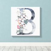 Blauwe Bloemige Monogram Initiaal B Canvas Afdruk (Insitu (Houten vloer))