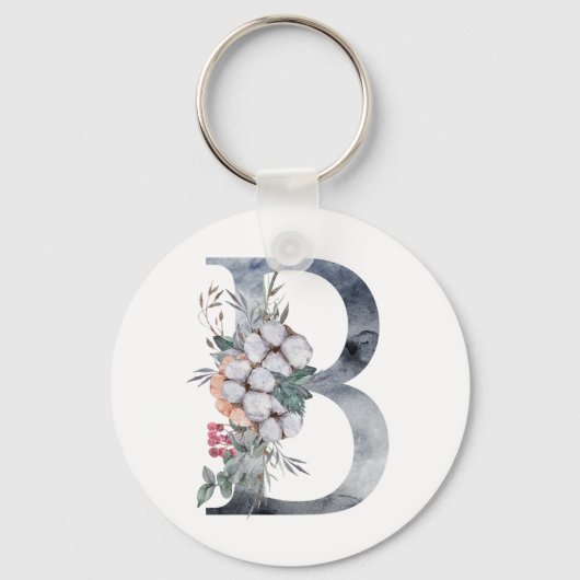 Blauwe Bloemige Monogram Initiaal B Sleutelhanger (Voorkant)
