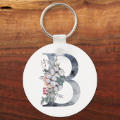 Blauwe Bloemige Monogram Initiaal B Sleutelhanger (Voorkant)