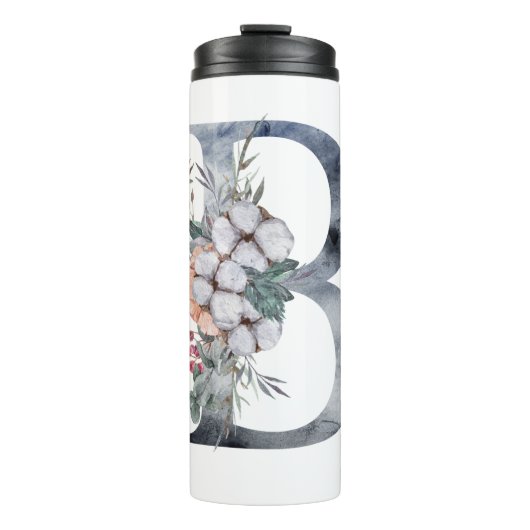 Blauwe Bloemige Monogram Initiaal B Thermosbeker (Voorkant)