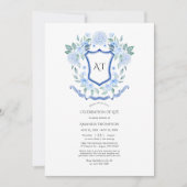 Blauwe Bloemige Monogram Wapenschild Viering van h Kaart (Voorkant)