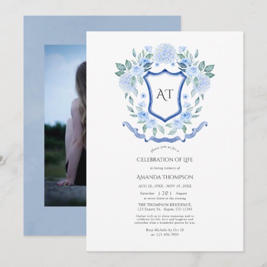 Blauwe Bloemige Monogram Wapenschild Viering van h Kaart (Voorkant / Achterkant)