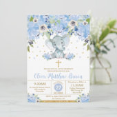 Blauwe Bloemige Mooie Olifant Doop Christening Kaart (Staand voorkant)