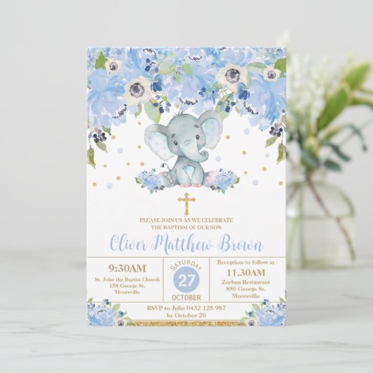 Blauwe Bloemige Mooie Olifant Doop Christening Kaart (Staand voorkant)