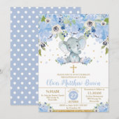 Blauwe Bloemige Mooie Olifant Doop Christening Kaart (Voorkant / Achterkant)