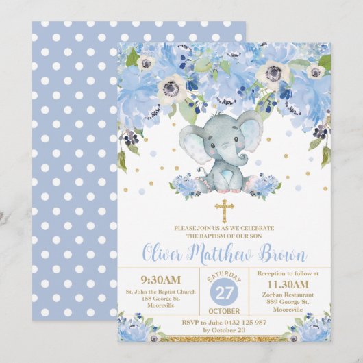 Blauwe Bloemige Mooie Olifant Doop Christening Kaart (Voorkant / Achterkant)
