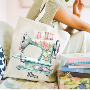 Blauwe bloemige naaimachinetas tote bag