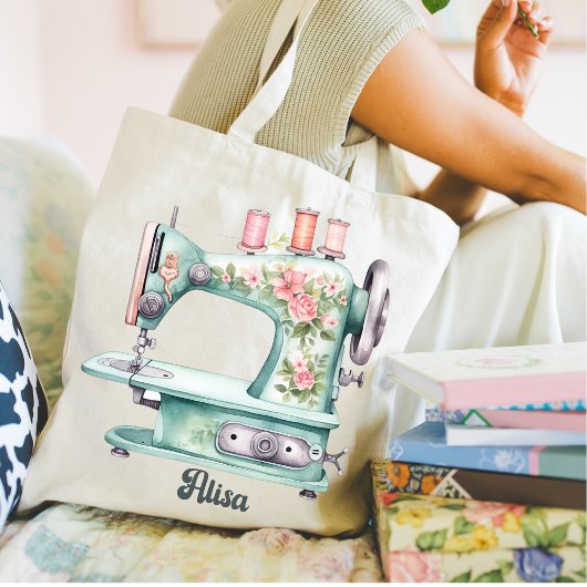 Blauwe bloemige naaimachinetas tote bag