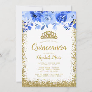Blauwe Bloemige Nep Gouden Glitter Tiara Quinceane Kaart