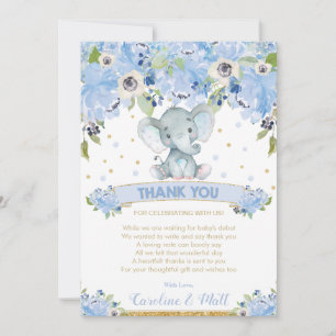 Blauwe Bloemige Olifant Baby Shower Jongen Bedankkaart