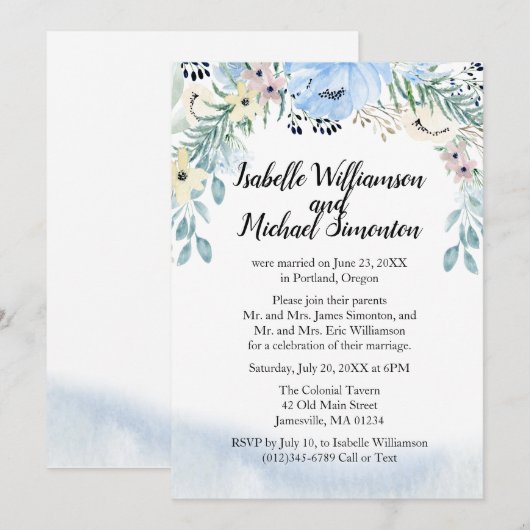 Blauwe Bloemige Ontvangst Uitnodigingen voor Elope (Voorkant / Achterkant)