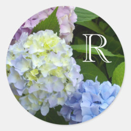 Blauwe bloemige paarse bloemenroze bloemhortensia' ronde sticker