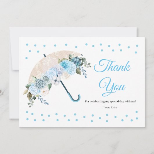 Blauwe Bloemige Paraplu Baby Shower Bedankkaart (Voorkant)