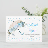 Blauwe Bloemige Paraplu Baby Shower Bedankkaart (Staand voorkant)