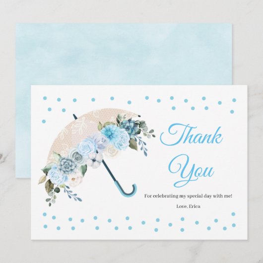 Blauwe Bloemige Paraplu Baby Shower Bedankkaart (Voorkant / Achterkant)