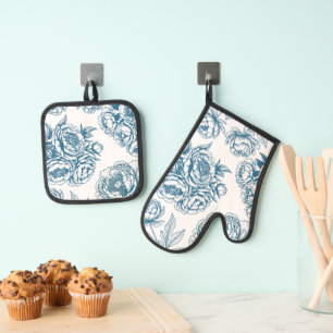 Blauwe Bloemige Pioen Ovenwant & Pannenlap Set
