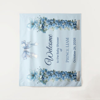 Blauwe Bloemige Prins Liam Baby Shower Achtergrond Wandkleed