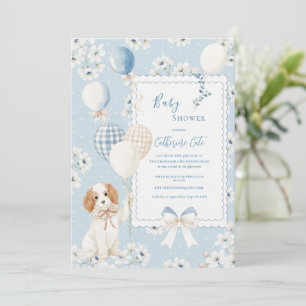 Blauwe bloemige puppy met ballonnen Elegante baby Kaart