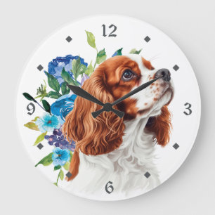 Blauwe Bloemige Rode Cavalier King Charles Spaniel Grote Klok