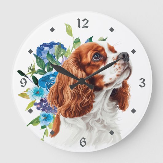 Blauwe Bloemige Rode Cavalier King Charles Spaniel Grote Klok (Voorkant)
