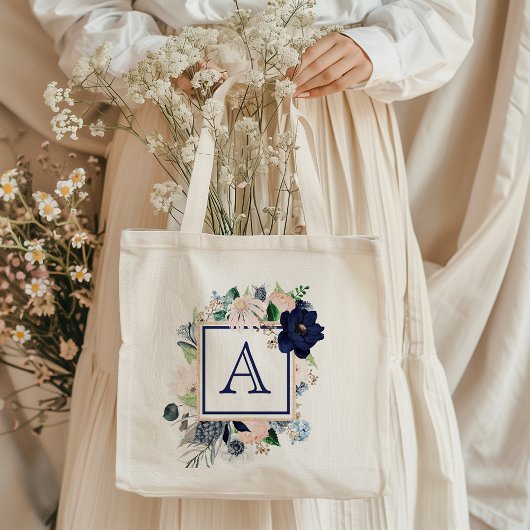 Blauwe bloemige roos monogram tote tas
