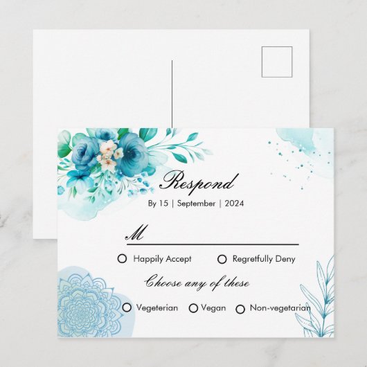 Blauwe bloemige RSPV uitnodigingskaart voor bruilo Uitnodiging Briefkaart (Voorkant / Achterkant)