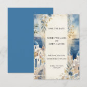 Blauwe Bloemige Santorini Save The Date Kaart (Voorkant / Achterkant)