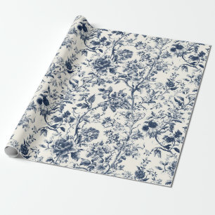 Blauwe Bloemige Tak Toile Tuinfeest Inpakpapier