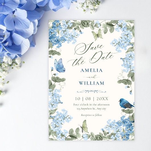 Blauwe bloemige tak vlinders vogel save the date