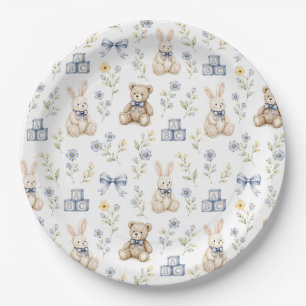 Blauwe bloemige teddybeer konijn kraamfeest baby s papieren bordje