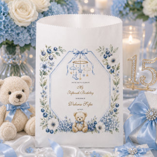 Blauwe bloemige teddybeer verjaardagsfeestje vijft bedankzakje