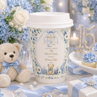 Blauwe bloemige teddybeer verjaardagsfeestje vijft papieren bekers
