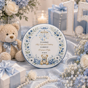Blauwe bloemige teddybeer verjaardagsfeestje vijft ronde button 3,2 cm