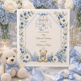 Blauwe bloemige teddybeer verjaardagsfeestje vijft servet