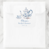 Blauwe Bloemige Thee Party Bruids Bruiloft Vierkante Sticker (Tas)