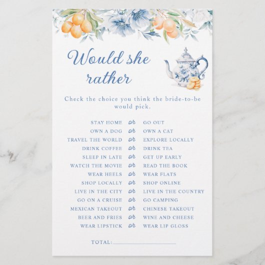 Blauwe bloemige theepot wil ze liever bruidsspel (Voorkant)