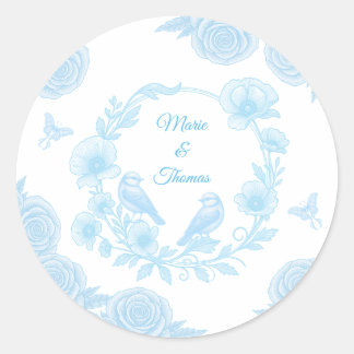 Blauwe Bloemige Trouw  💙 Gepersonaliseerde Namen Ronde Sticker