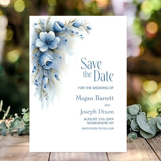 Blauwe Bloemige Trouw Save the Date