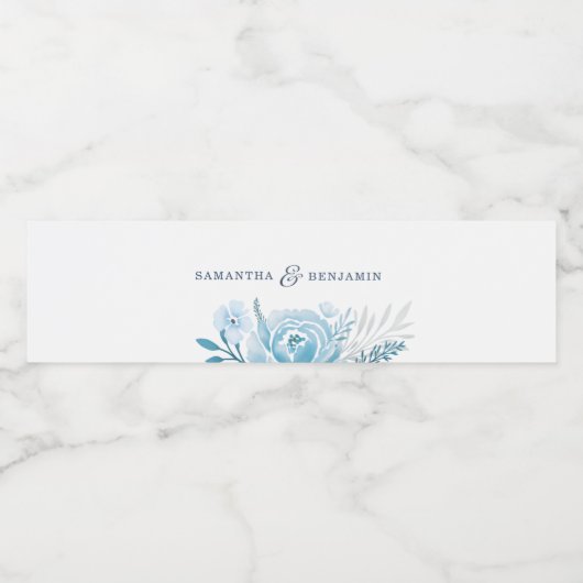 Blauwe Bloemige Trouw Waterverf Persoonlijk Waterfles Etiket (Enkel label)