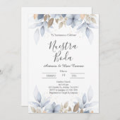 Blauwe bloemige trouwuitnodiging kaart (Voorkant / Achterkant)