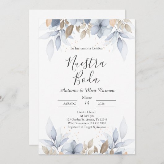 Blauwe bloemige trouwuitnodiging kaart (Voorkant / Achterkant)