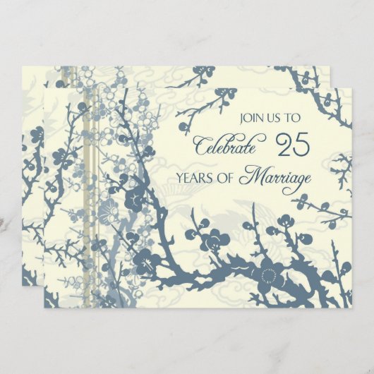 Blauwe bloemige uitnodigingskaart 25-jarig jubileu kaart (Voorkant / Achterkant)