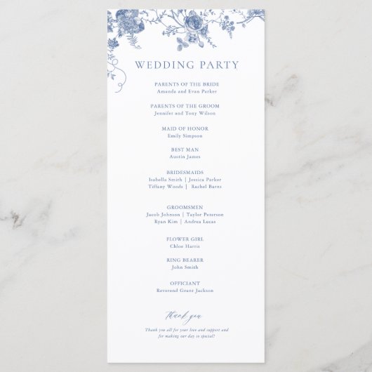 Blauwe Bloemige Victoriaanse Klassieke Bruiloft Programmakaart (Achterkant)