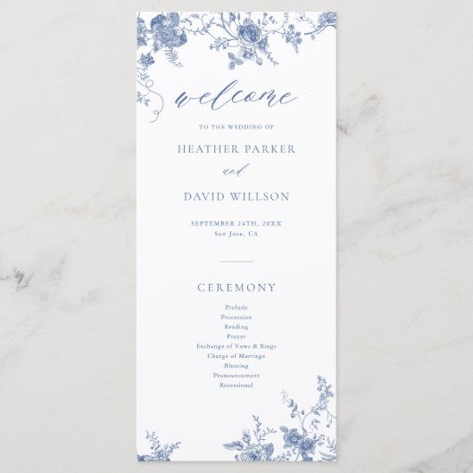 Blauwe Bloemige Victoriaanse Klassieke Bruiloft Programmakaart (Voorkant)