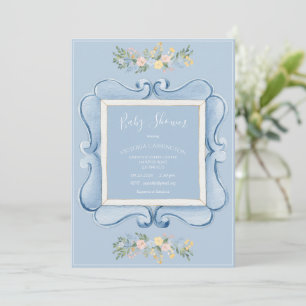 Blauwe Bloemige Vintage Baby Shower Kaart