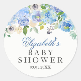 Blauwe Bloemige Waterverf Baby Shower Sticker