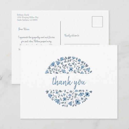 Blauwe bloemige waterverf bedankt briefkaart (Voorkant / Achterkant)