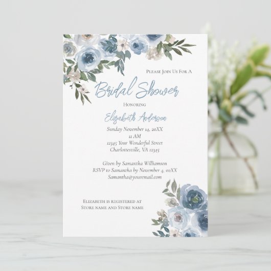 Blauwe Bloemige Waterverf Bruidsdouche Uitnodiging (Staand voorkant)