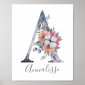 Blauwe bloemige waterverf monogram A naam Poster (Voorkant)